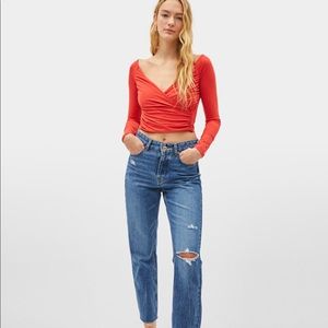 Red off the shoulder fitted crop top